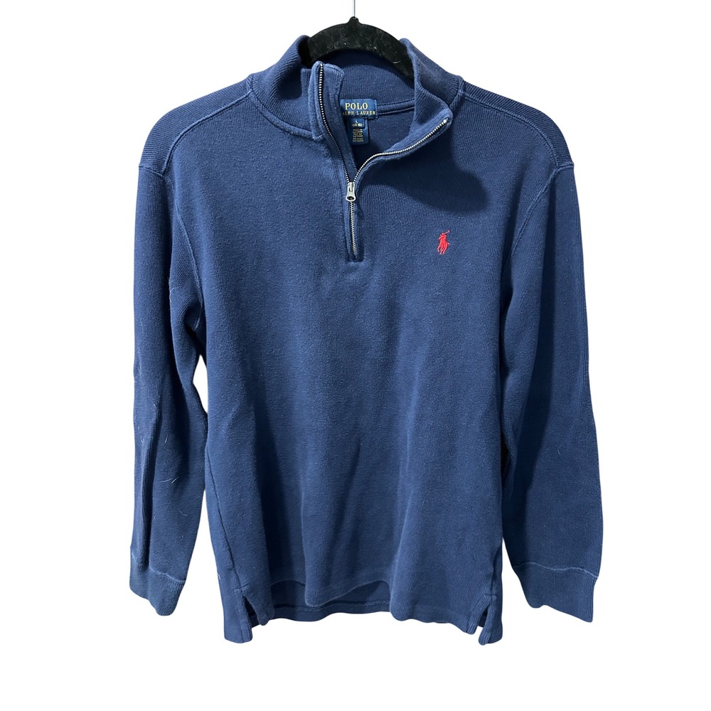 Polo Ralph Lauren Boys Navy Blue Quarter Zip Cotton Sweater Boys 14-16 Red Pony